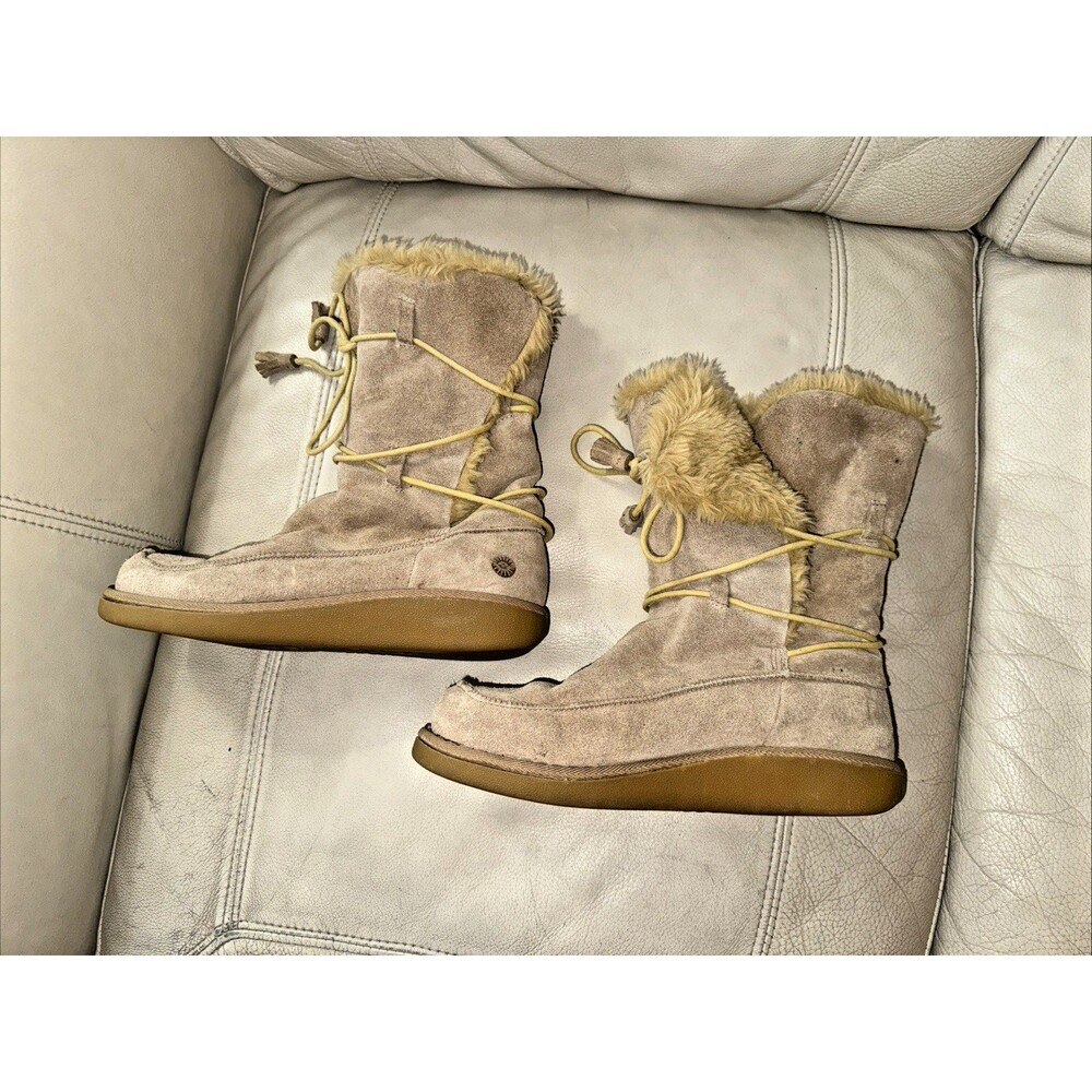 Earth Shoe Miami Boots Womens Suede Leather Lace Up Fur Lined Tan Size 9.5